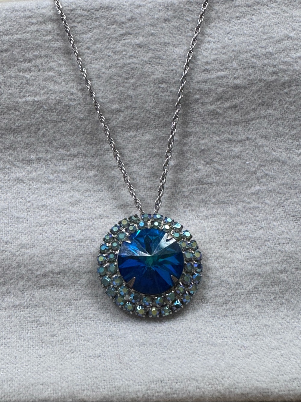 Vintage Blue Rhinestone Statement Pendant w/Sterling Silver 22” Rope Chain